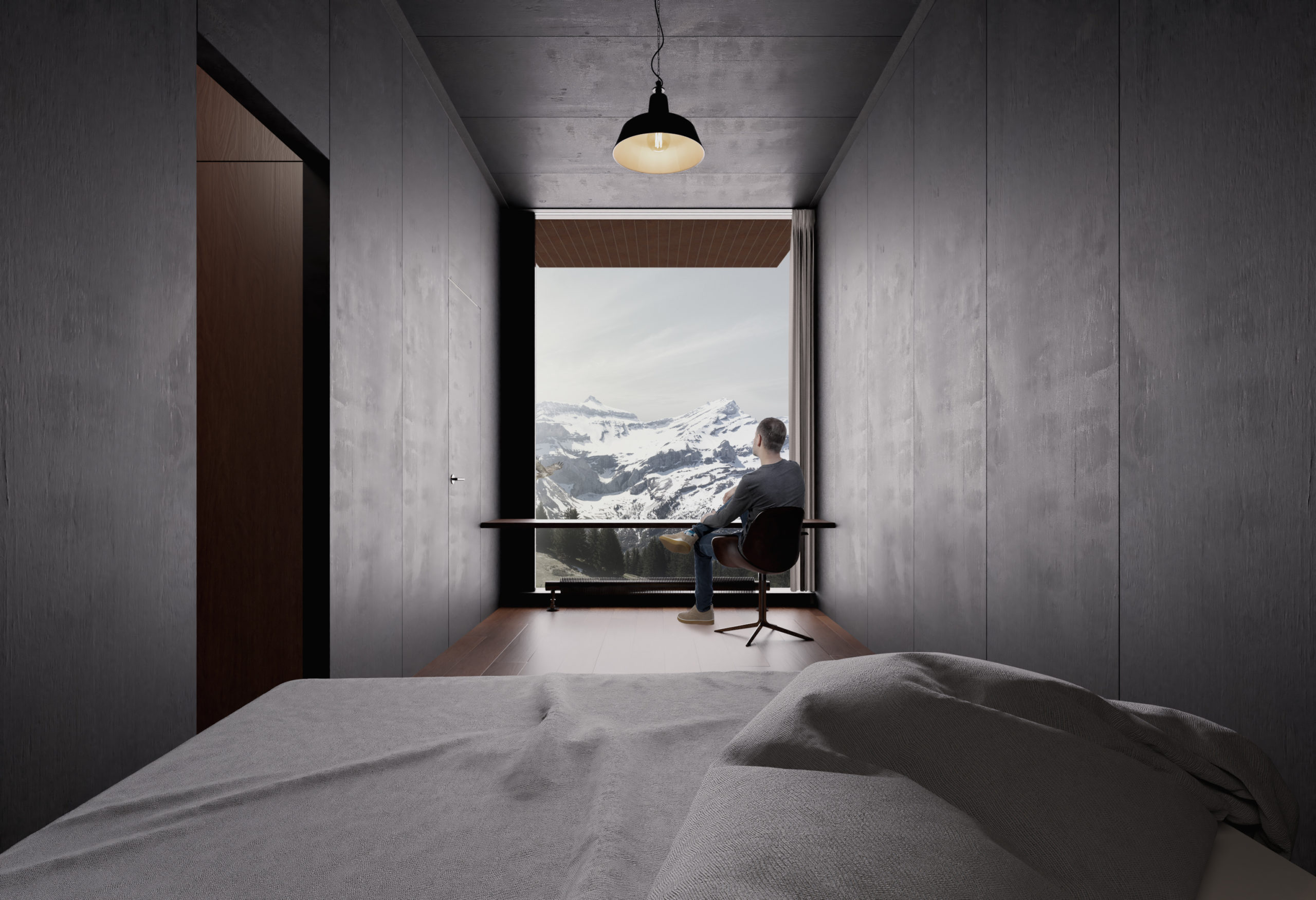 Représentation d'une chambre qui donne vue sur les alpes enneigées
